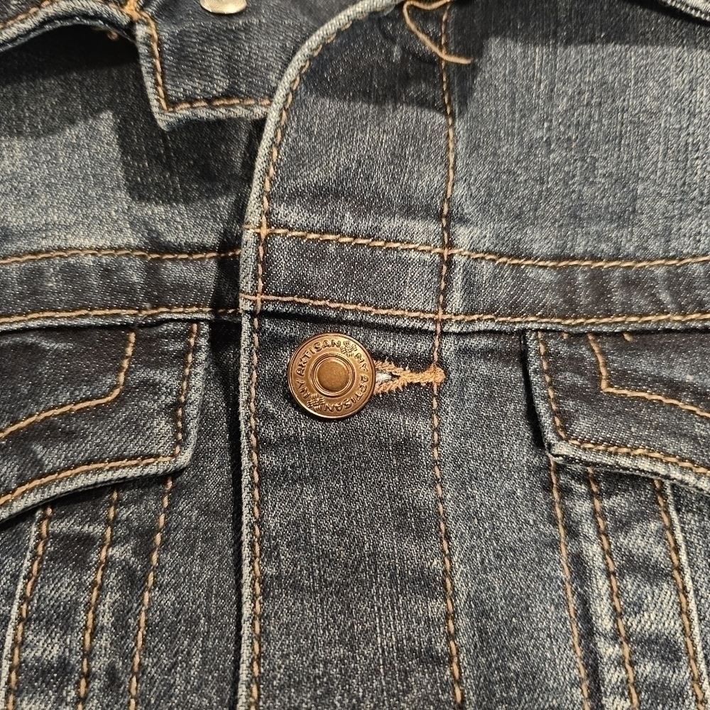 ARTISAN NY Navy Blue Denim Flap Pocket Trucker Cropped Jean Jacket sz S - Picture 9 of 9